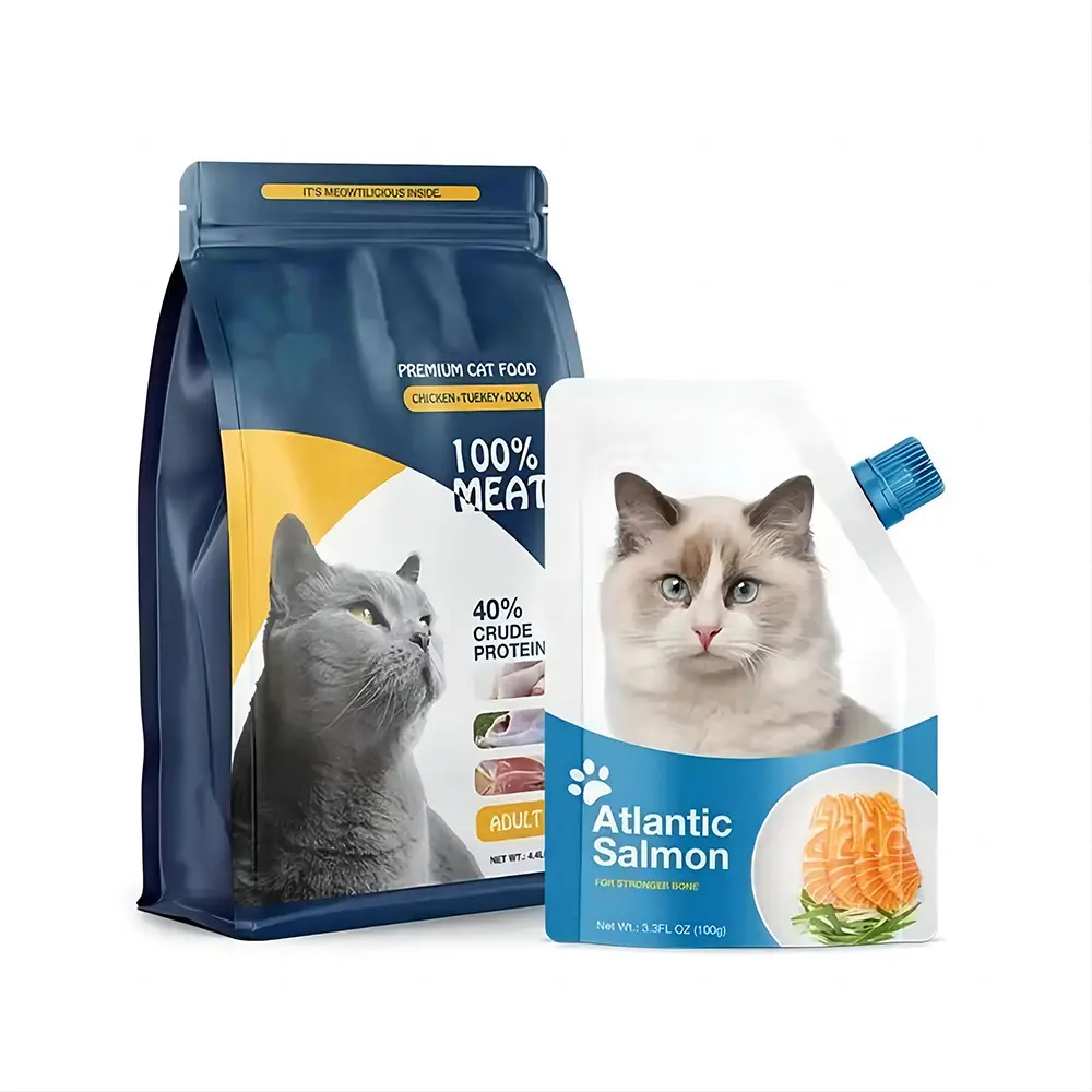 Vertical flat bottom stand up pet food packaging spout bag