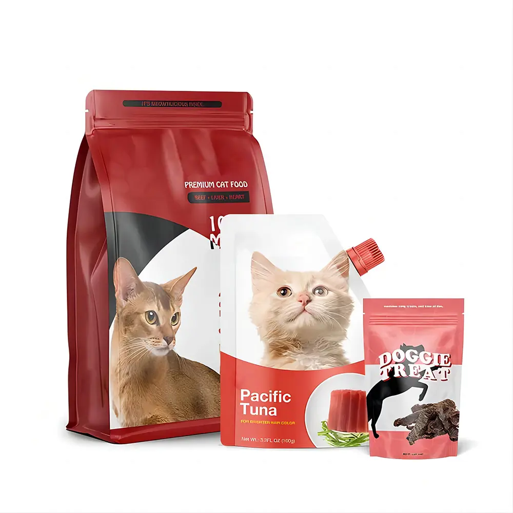 Vertical flat bottom stand up pet food packaging spout bag