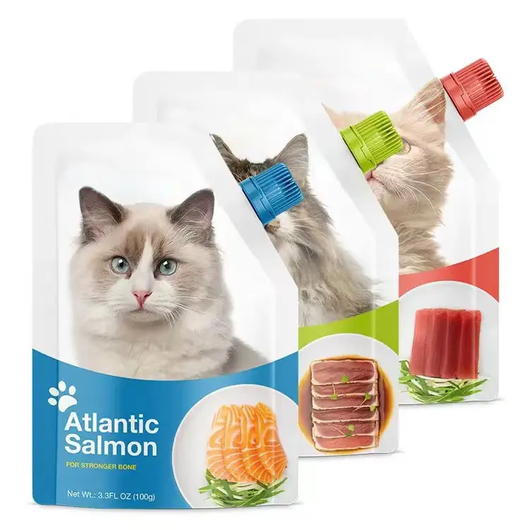 Vertical flat bottom stand up pet food packaging spout bag